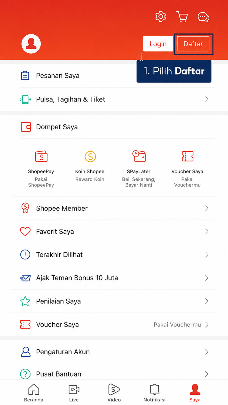 Langkah 1 dari 6 membuat toko Shopee melalui aplikasi mobile