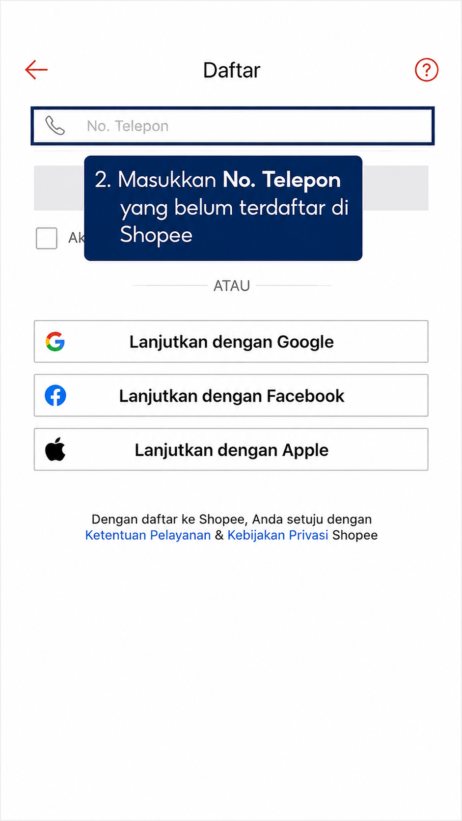 Langkah 2 dari 6 membuat toko Shopee melalui aplikasi mobile