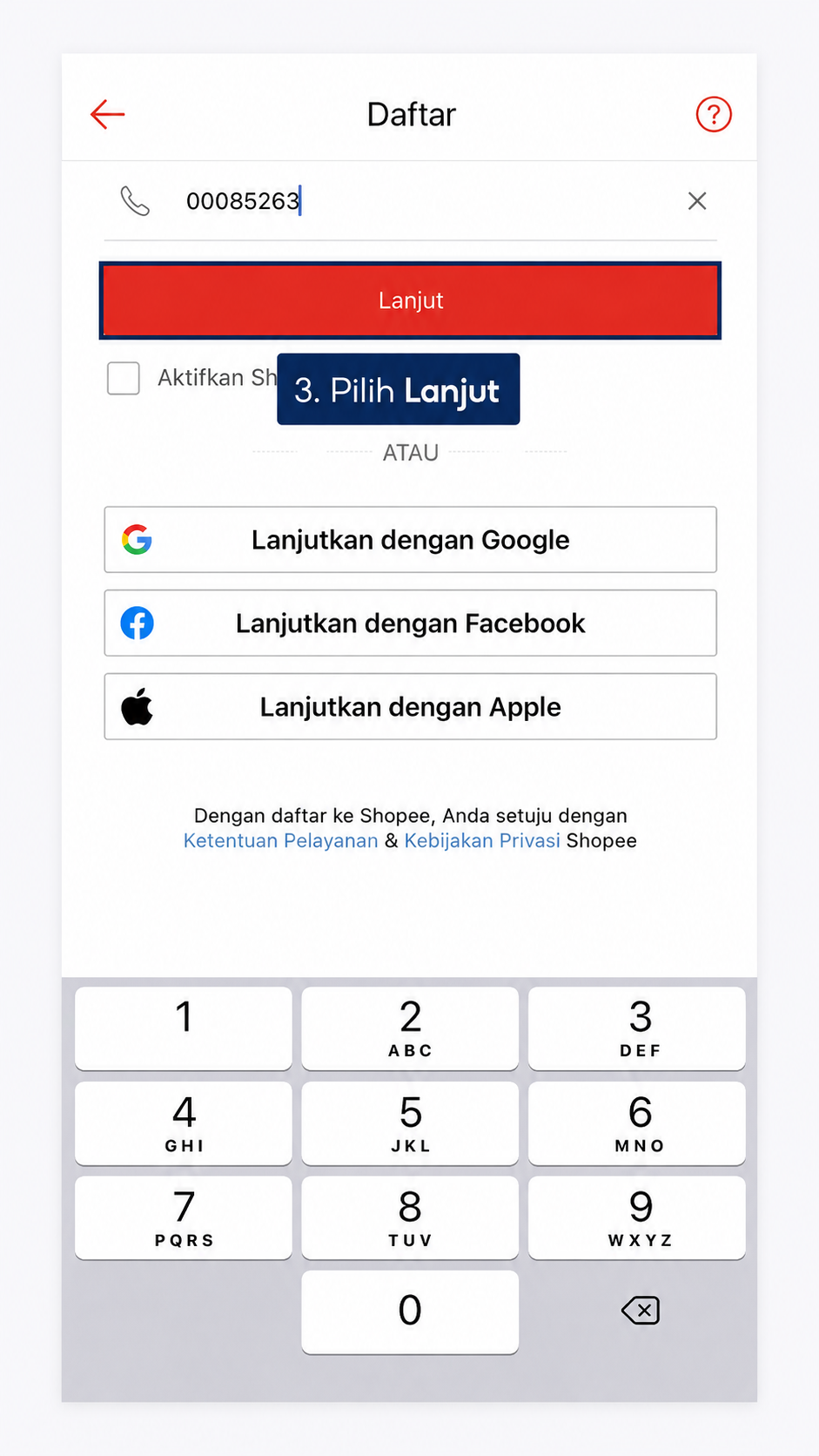 Langkah 3 dari 6 verifikasi OTP toko Shopee melalui aplikasi mobile
