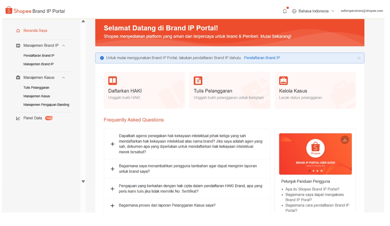 Dashboard Brand IP Portal Shopee Mall untuk mendaftarkan HAKI, mengajukan kasus pelanggaran, dan melacak status kasus