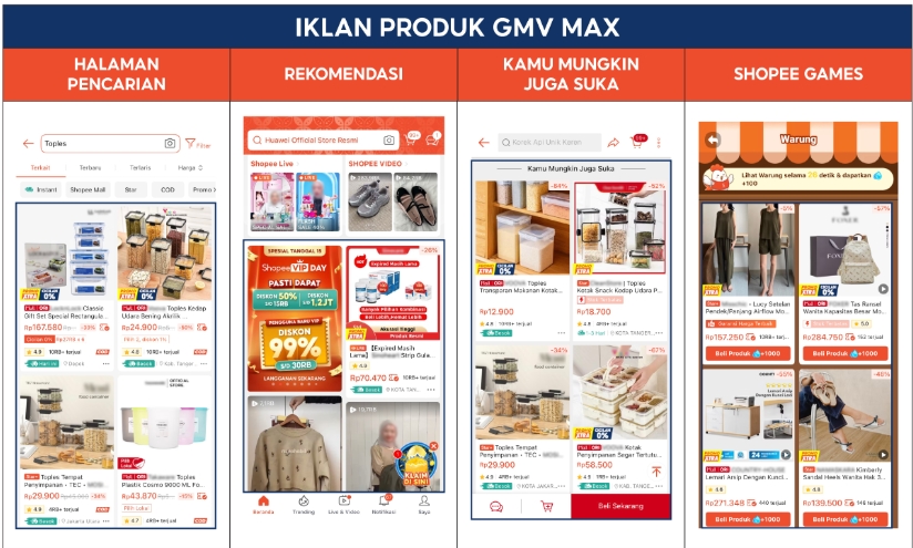 Tampilan pengaturan Iklan Produk GMV Max di Seller Centre Shopee untuk menampilkan produk di posisi unggul