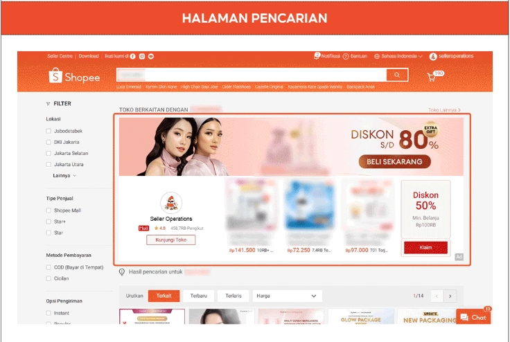 Penempatan Iklan Toko pada Halaman Pencarian Shopee di antara hasil pencarian pembeli