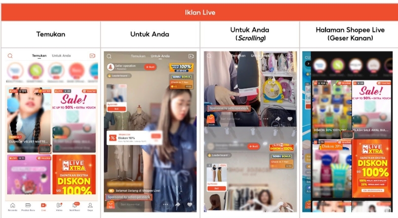 Contoh penempatan Iklan Live di halaman Shopee Live Untuk Anda yang memaksimalkan visibilitas sesi Livestream seller