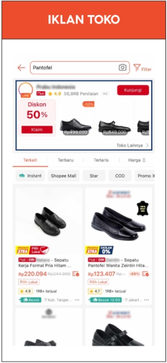 Contoh tampilan Iklan Toko Shopee menampilkan nama toko, voucher toko, dan produk paling relevan bagi pembeli