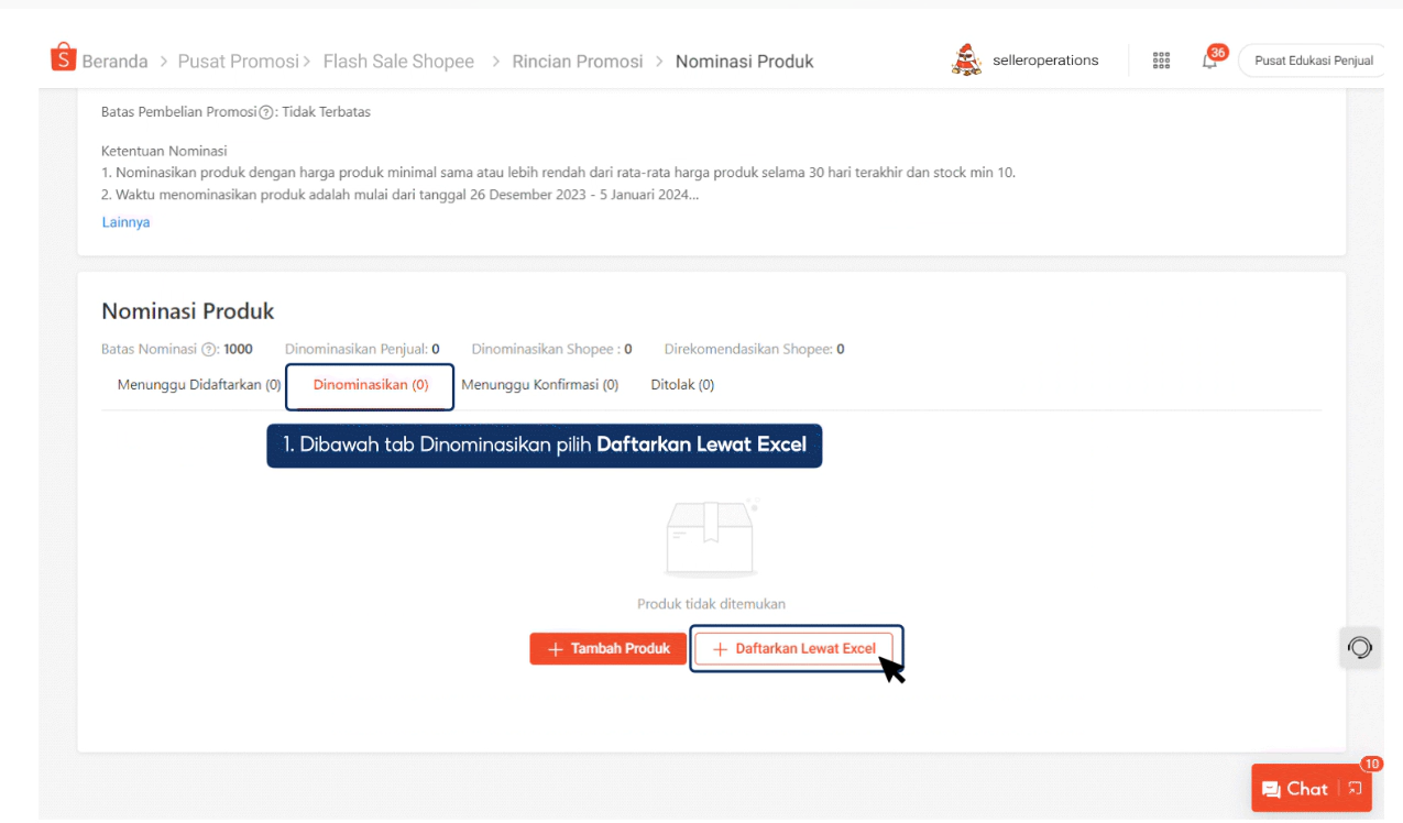 Langkah 1 nominasi massal Flash Sale Shopee via template Excel di Seller Centre
