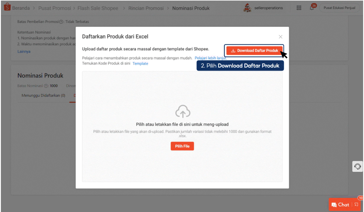 Langkah 2 mengunduh dan mengisi template Excel nominasi produk Flash Sale Shopee