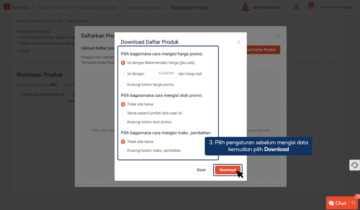 Langkah 3 mengisi kolom harga, stok, dan diskon pada template Excel Flash Sale Shopee