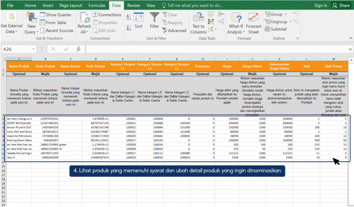Langkah 4 memeriksa format kolom sebelum mengunggah template Excel nominasi Flash Sale Shopee