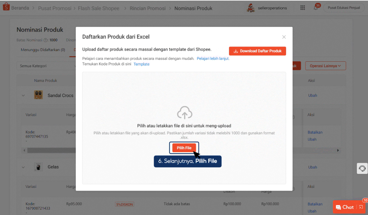 Langkah 6 validasi hasil unggahan template Excel nominasi Flash Sale Shopee