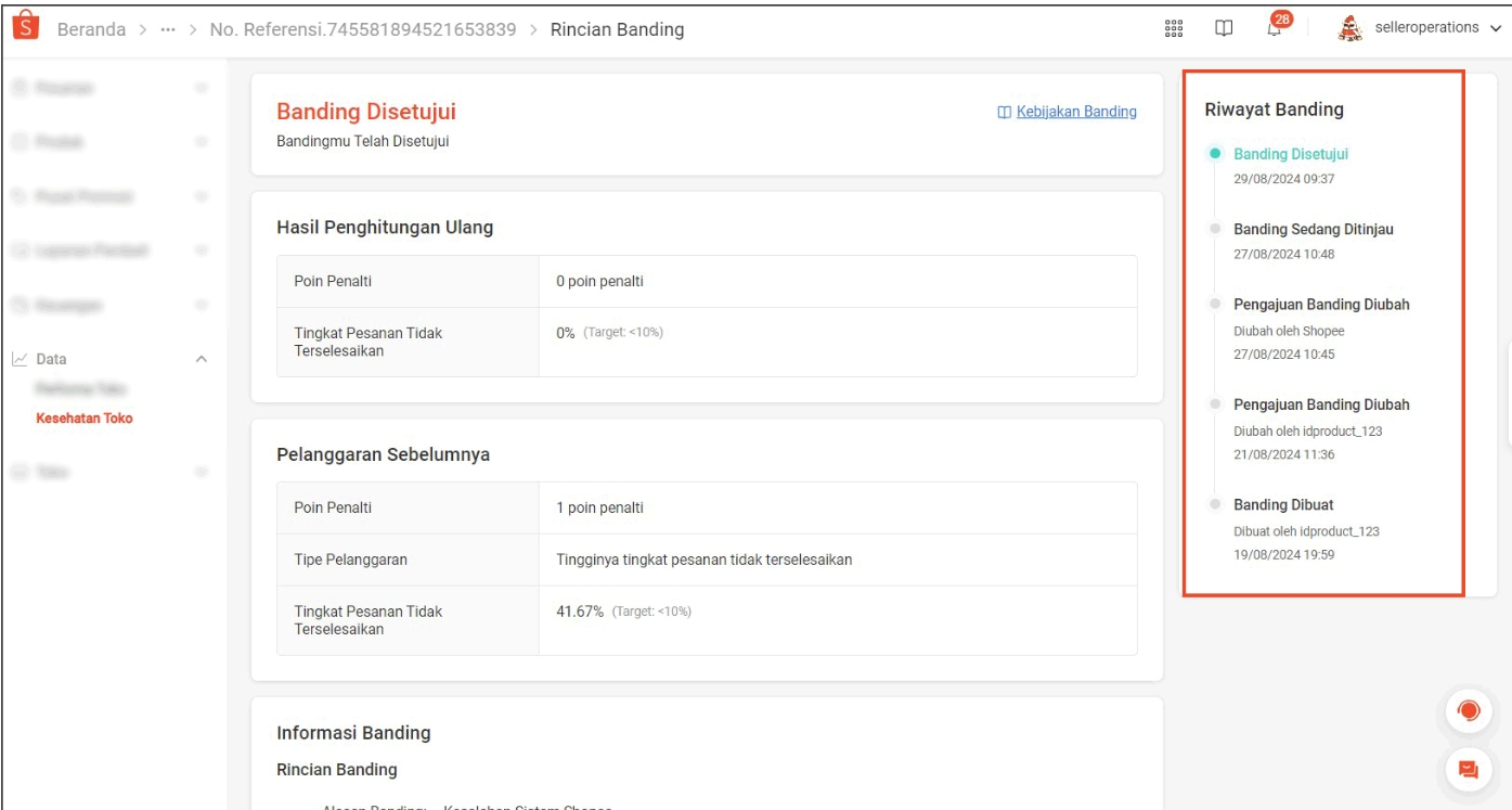 Halaman Riwayat Banding penalti Shopee di Seller Centre menampilkan daftar banding yang diajukan beserta status dan dokumen pendukungnya