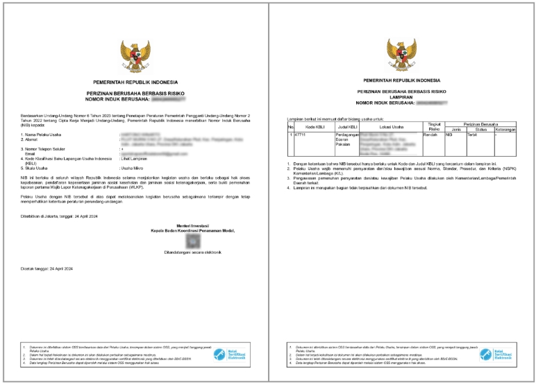 Contoh tampilan dokumen NIB (Nomor Induk Berusaha) yang didaftarkan lewat oss.go.id sebagai syarat Shopee Mall