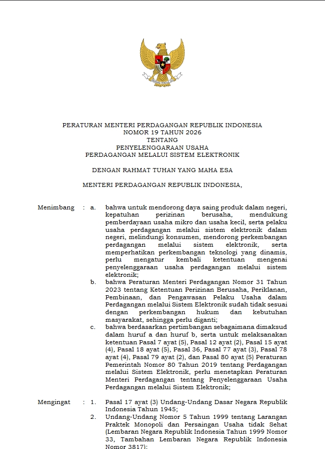 Halaman sampul naskah resmi Peraturan Menteri Perdagangan Republik Indonesia Nomor 19 Tahun 2026 tentang Penyelenggaraan Usaha Perdagangan Melalui Sistem Elektronik