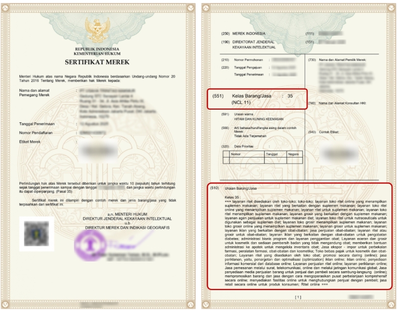 Contoh Sertifikat Merek (HAKI) yang menjadi bukti kepemilikan hak atas produk dan nama toko Shopee Mall
