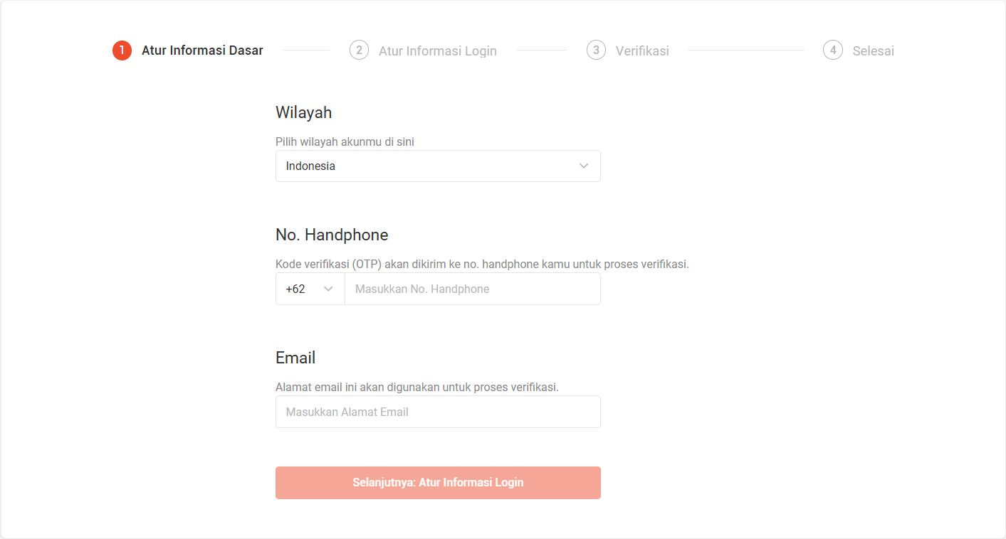 Tahap 1 dari 4 pembuatan Akun Utama Shopee: Atur Informasi Dasar, meliputi wilayah, nomor handphone, dan email untuk verifikasi OTP