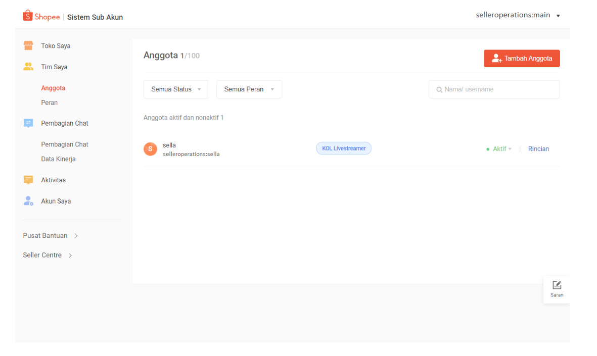 Halaman Anggota Sistem Sub Akun Shopee menampilkan batas maksimum Anggota 1/100, daftar anggota dengan peran (contoh: KOL Livestreamer) dan status Aktif
