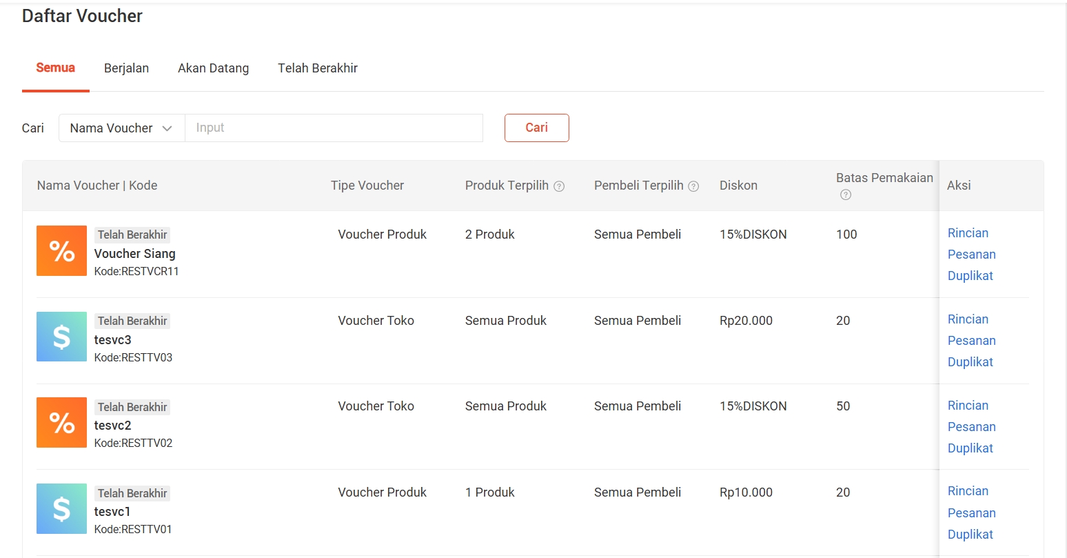 Halaman Daftar Voucher di Seller Centre menampilkan Nama Voucher, Tipe Voucher (Voucher Produk/Voucher Toko), Diskon, dan Batas Pemakaian