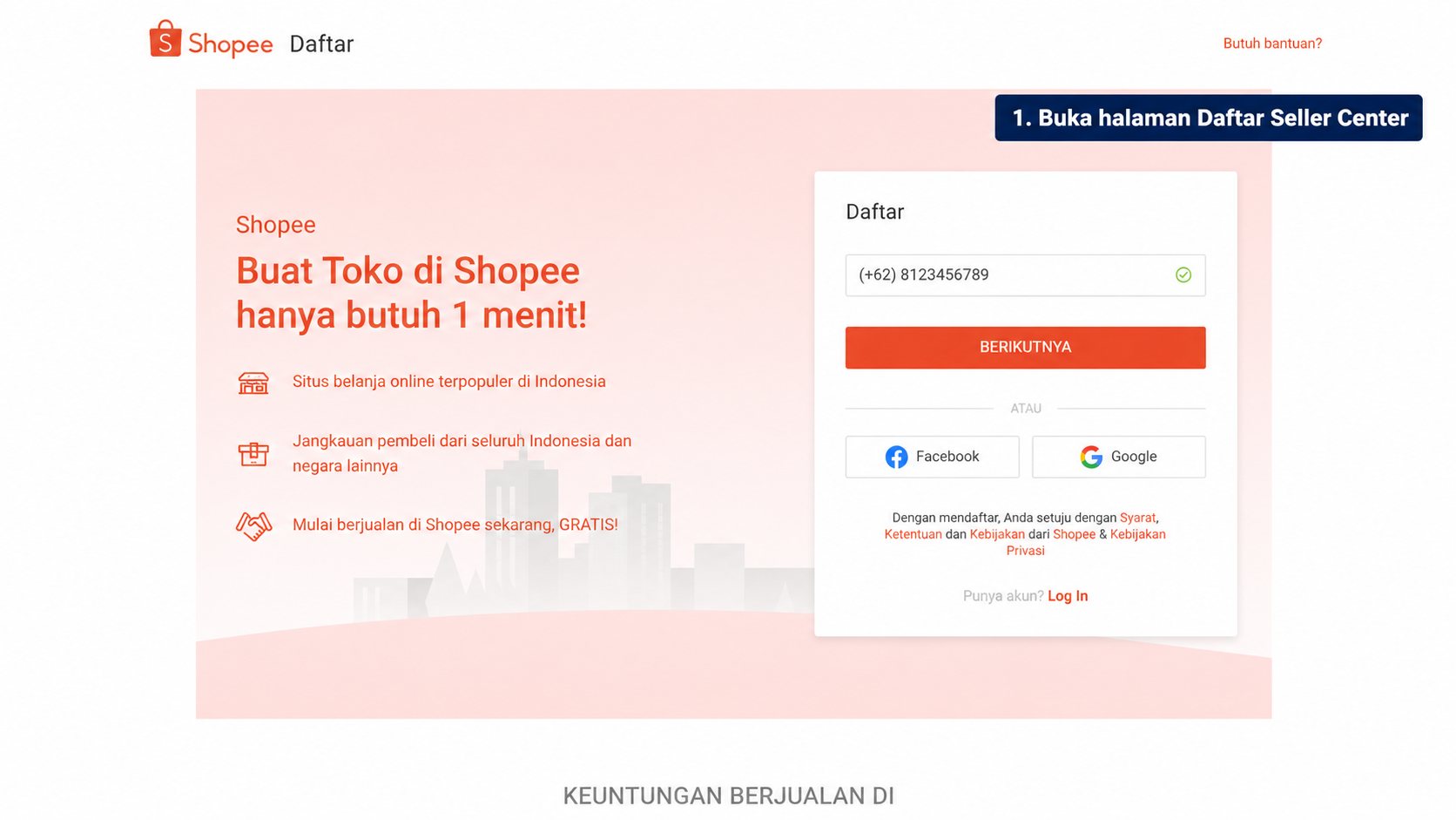 Langkah 1 dari 6 pendaftaran toko Shopee melalui Seller Centre desktop