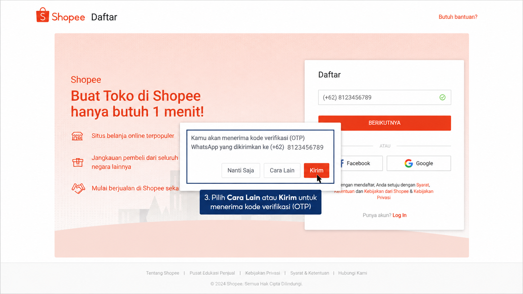 Langkah 3 dari 6 verifikasi OTP toko Shopee melalui Seller Centre desktop