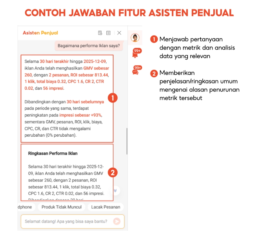 Contoh jawaban Asisten AI Chat Shopee menjawab pertanyaan pembeli secara otomatis berdasarkan info produk yang diisi seller