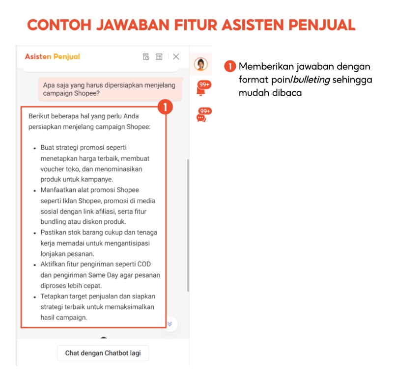 Contoh kedua jawaban Asisten AI Chat Shopee untuk pertanyaan pembeli yang berbeda