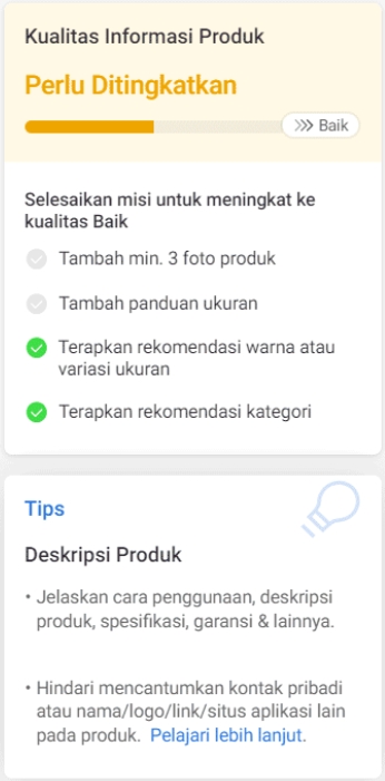 Alat pengukur kualitas judul dan deskripsi produk di Seller Centre Shopee, menunjukkan indikator kelengkapan konten listing