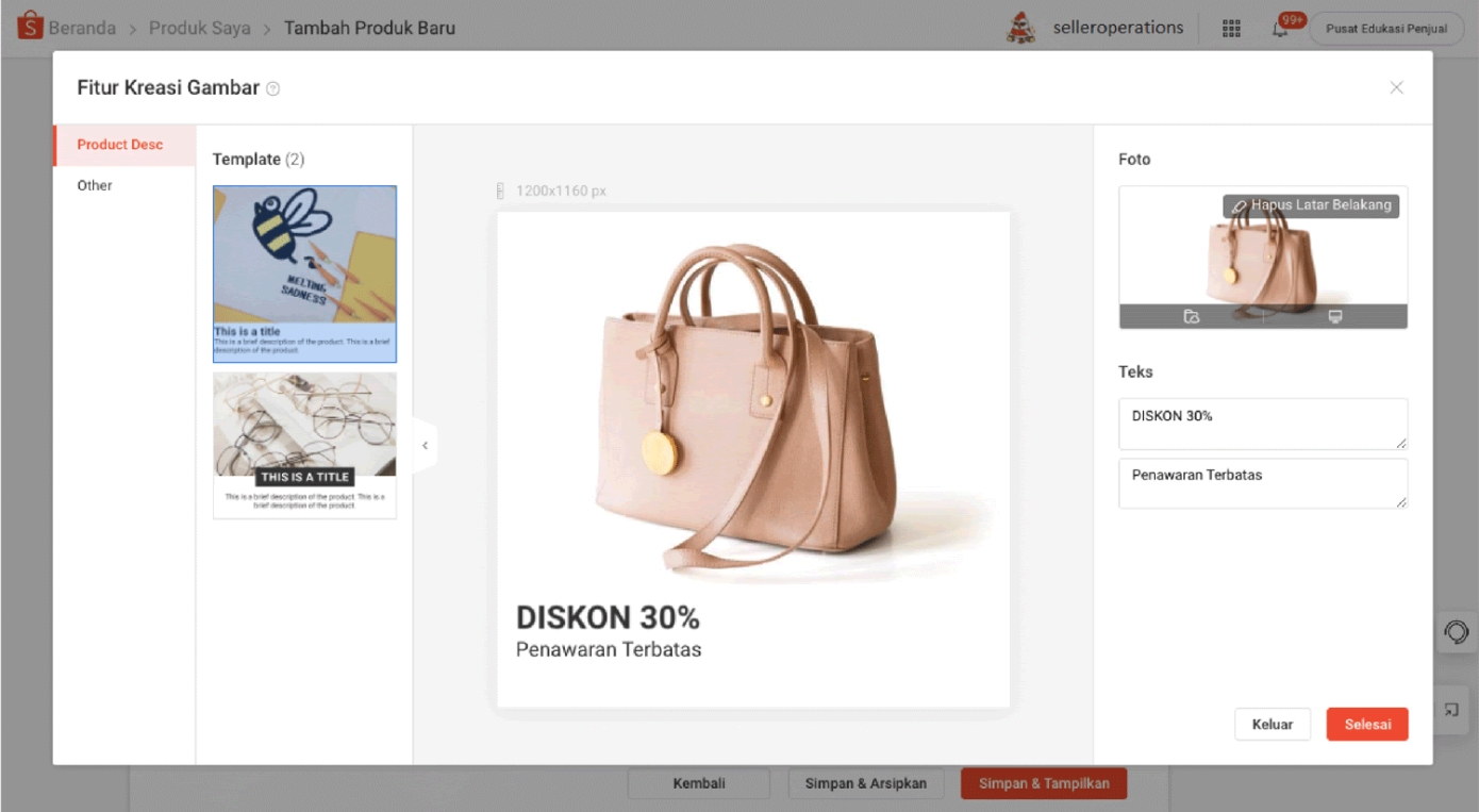 Contoh katalog produk Shopee dengan deskripsi lengkap dan promosi, menampilkan spesifikasi produk yang terstruktur